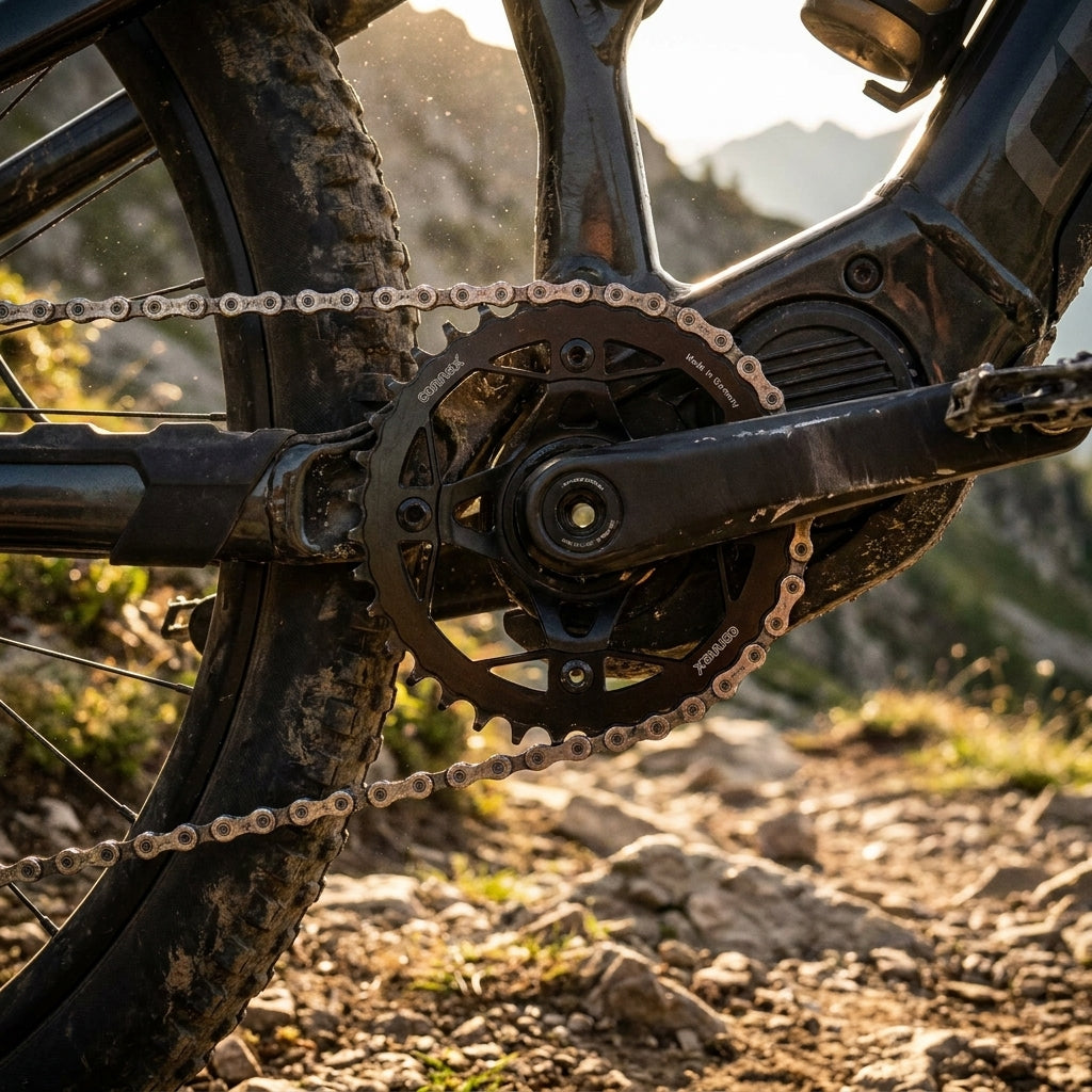 ConneX E-Bike Kettenblatt Narrow Wide und Kette am E-Mountainbike für präzise Schaltleistung.