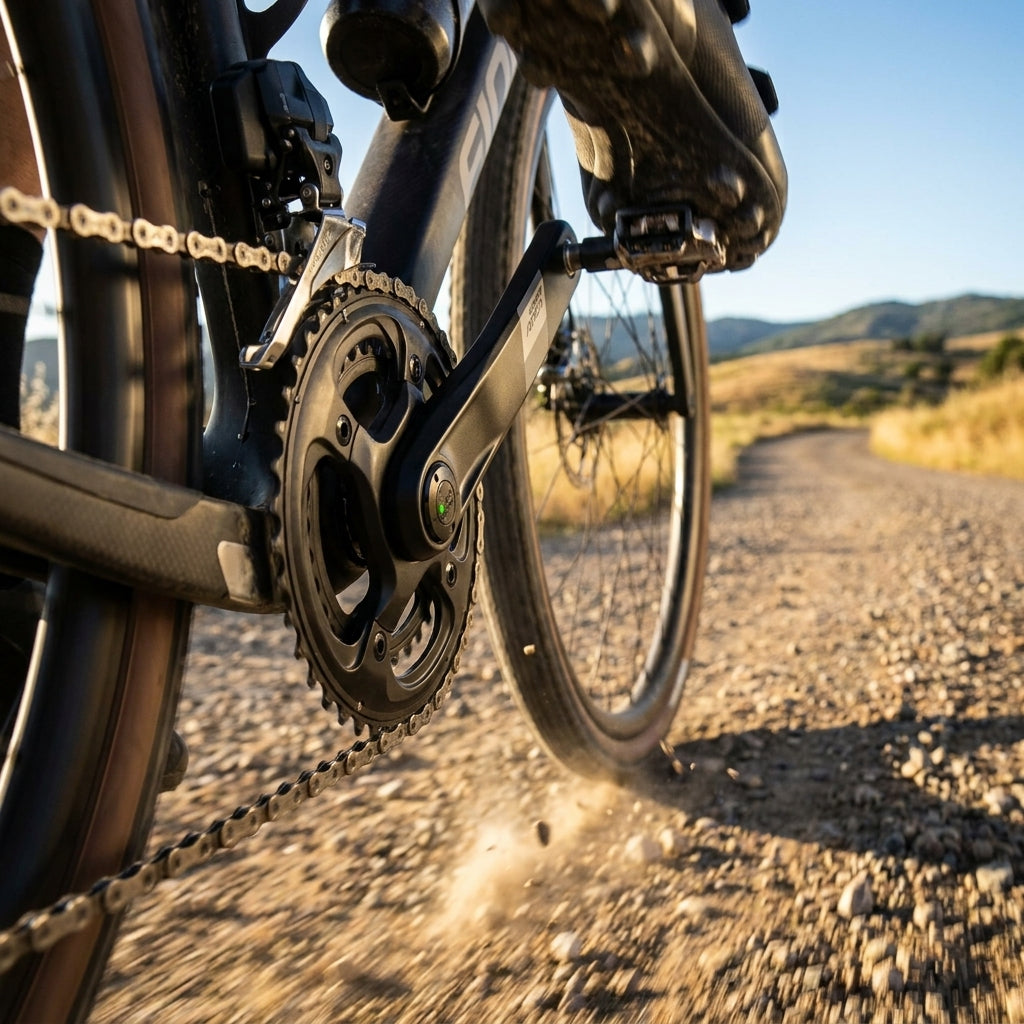 SRAM Apex Power-Upgrade AXS WIDE Powermeter an Fahrradkurbel beim Graveln auf staubigem Schotterweg.