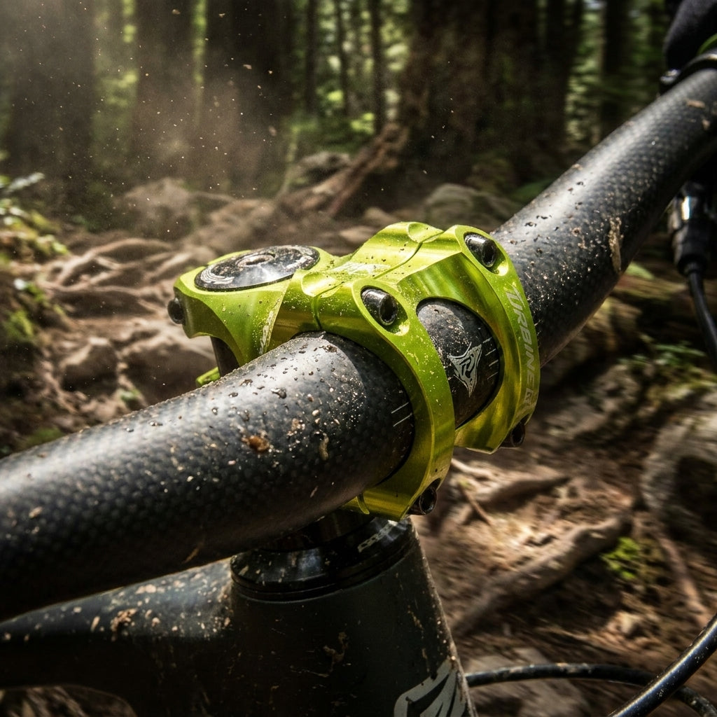 Grüner Race Face Turbine R Vorbau am Carbon-Mountainbike-Lenker auf staubigem Trail für präzise Kontrolle.