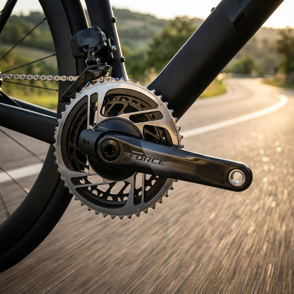 SRAM Force AXS Powermeter Kurbel 33/46Z DUB am Rennrad auf Straße für präzise Performance-Messung bei Sonnenlicht.