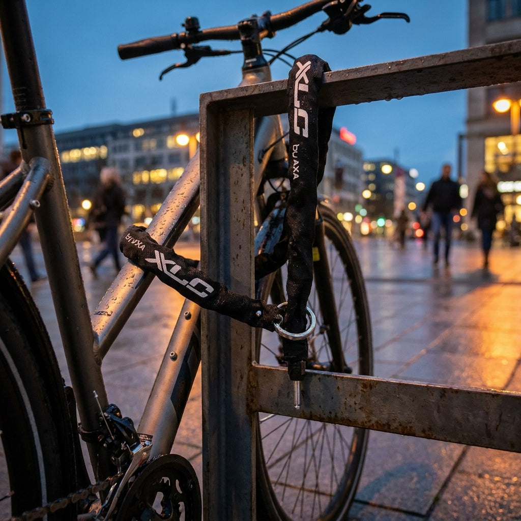 XLC Einsteckkette Fantomas II sichert Fahrrad an Metallständer in Stadt bei Dämmerung mit Personen und Lichtern.