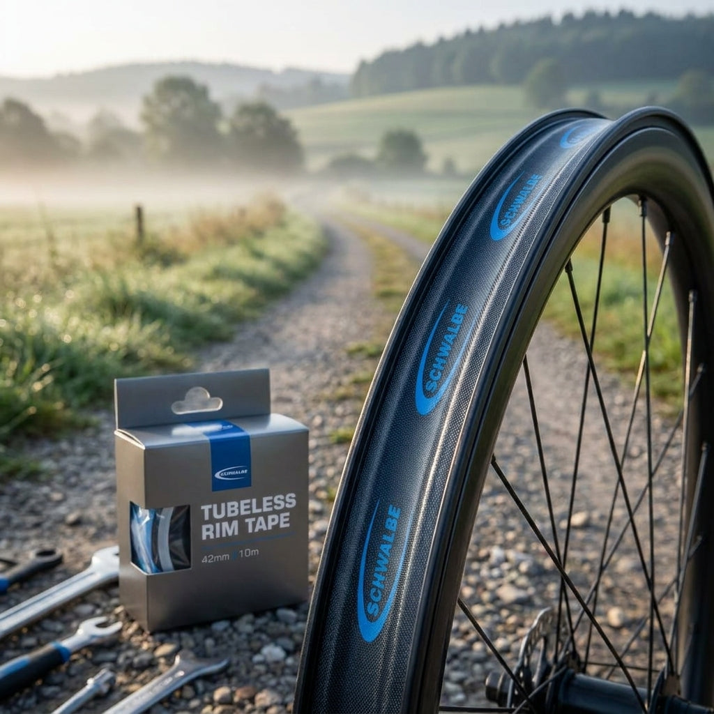 Schwalbe Tubeless Felgenband 42mm 10m auf Schotterweg neben Fahrradfelge und Werkzeug.