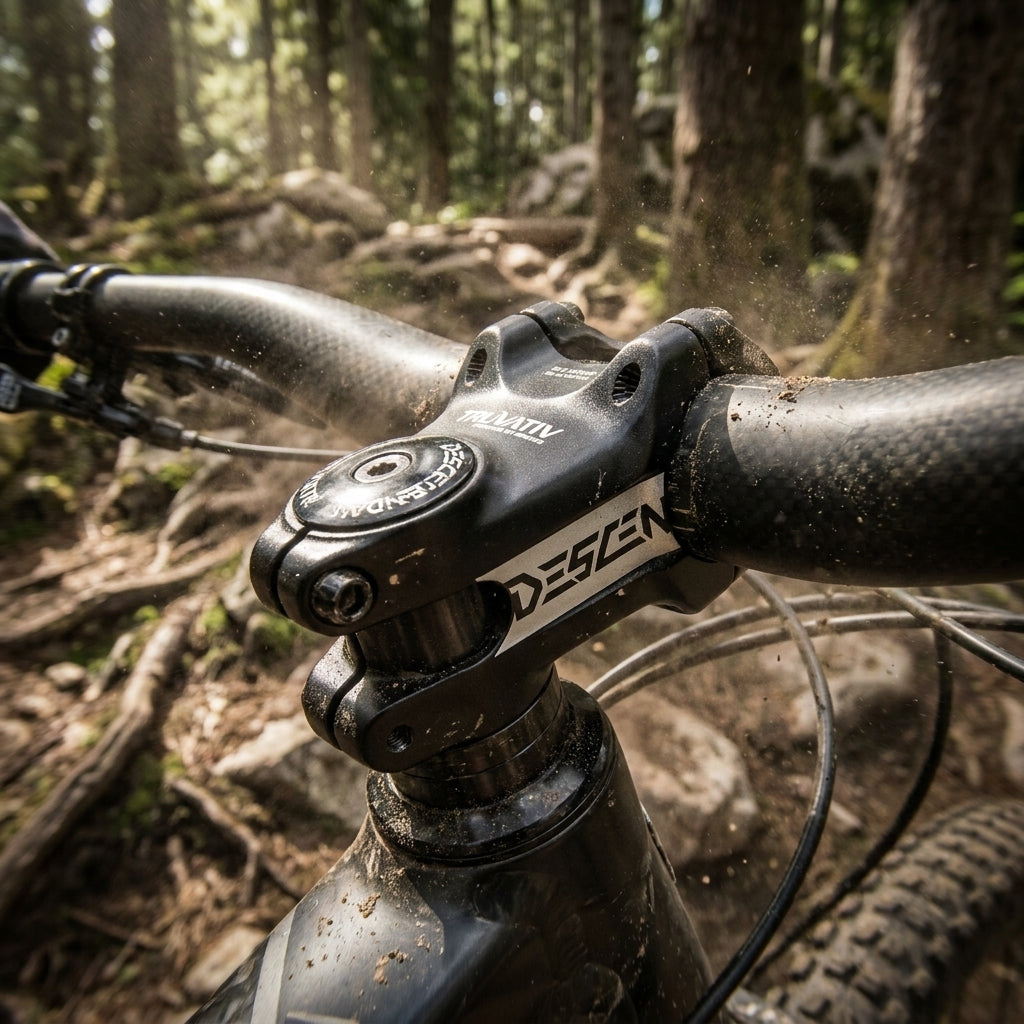 Truvativ Descendant Vorbau 50mm schwarz/weiß am Mountainbike auf schmutzigem Trail.