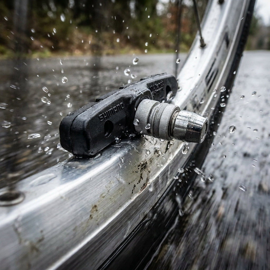 SHIMANO M70T3 Bremsschuh auf Alufelge mit spritzendem Wasser. Cartridge-Bremsbelag für Alu-Bremsflanken bei Nässe.