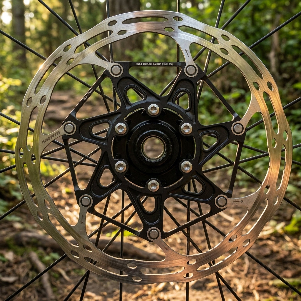 SRAM Centerline X Rounded zweiteilige 6-Loch Bremsscheibe 160mm mit Stahlschrauben am Mountainbike-Rad im Wald.