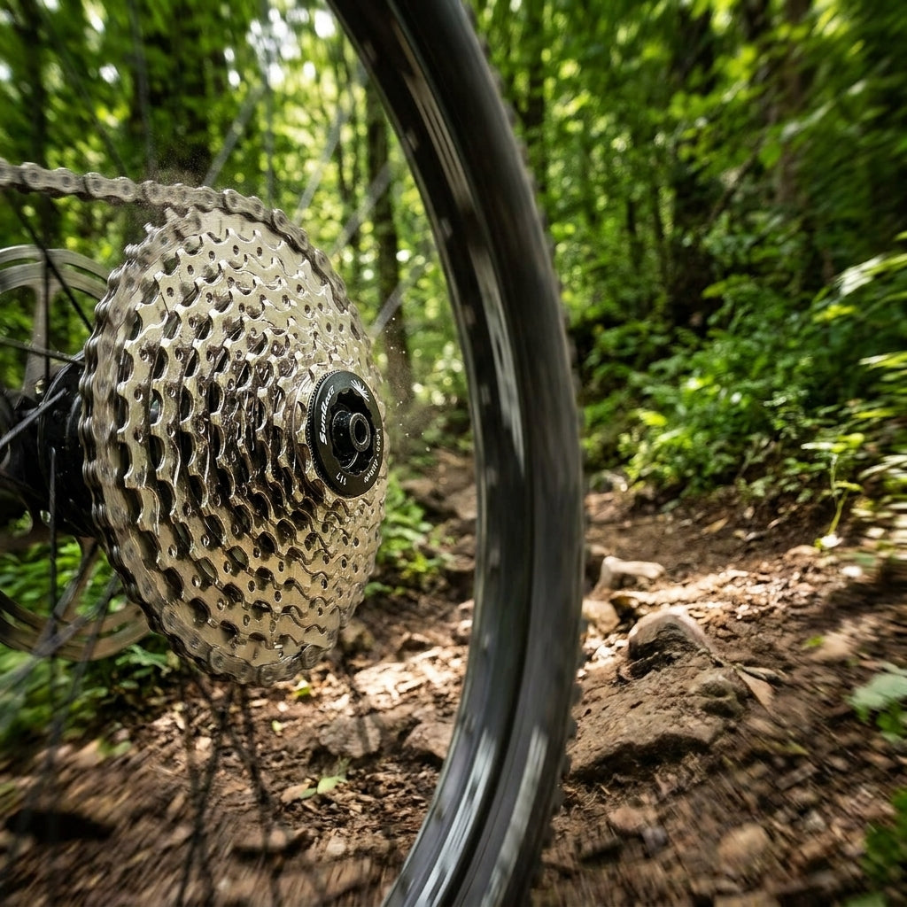 Sunrace 9-fach 11-36 Zähne Nickel Zahnkranzkassette am Mountainbike auf Waldweg in Bewegung.