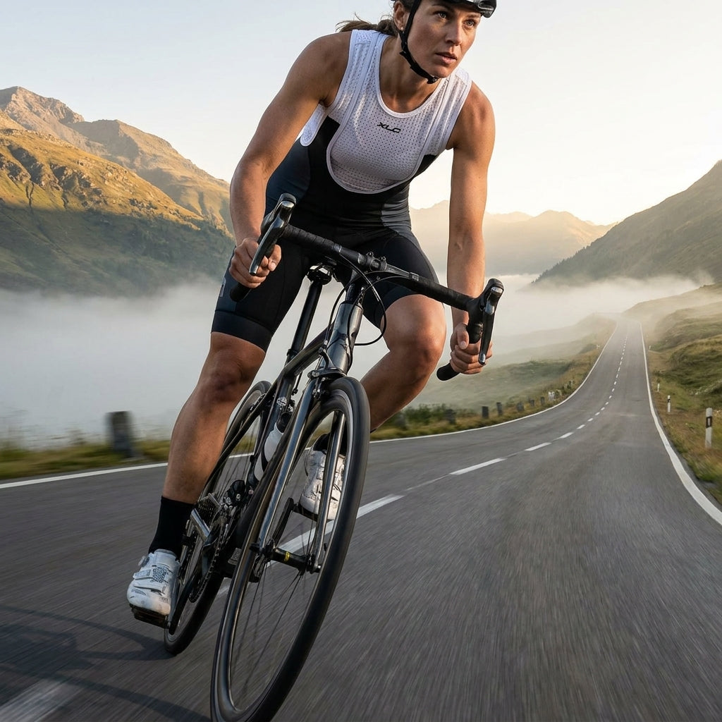 Frau trägt XLC Race Hose Damen Gr S beim Rennradfahren auf Bergstraße.