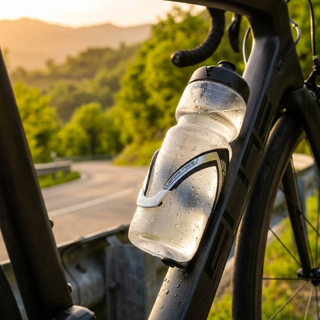ELITE Flaschenhalter Custom Race schwarz/weiß matt am Fahrradrahmen mit kondensierter Trinkflasche auf Landstraße.