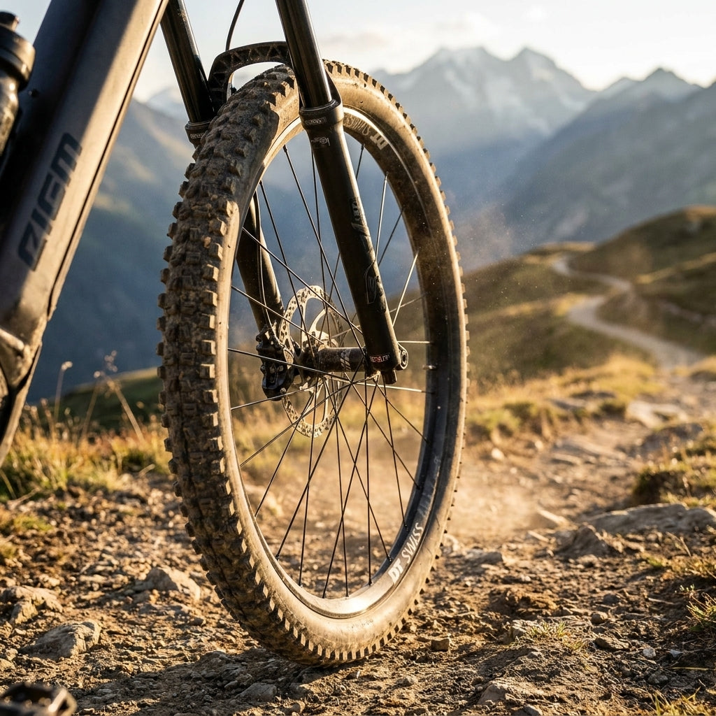 E-Bike Vorderrad mit DT Swiss Alpine III Speichen auf Berg-Trail. Extra robust für E-Bike & Tandem.