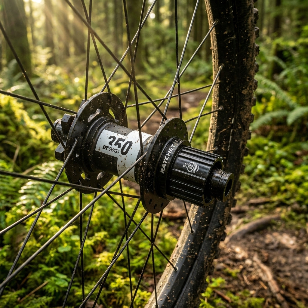 DT Swiss 350 Boost MTB Hinterradnabe schwarz, zuverlässig, schmutzig im Wald mit Ratchet & Micro Spline.