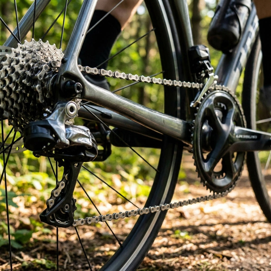 KMC Kette X-8 silber/grau 8-fach an Fahrrad-Antrieb mit Kassette und Kettenblatt.