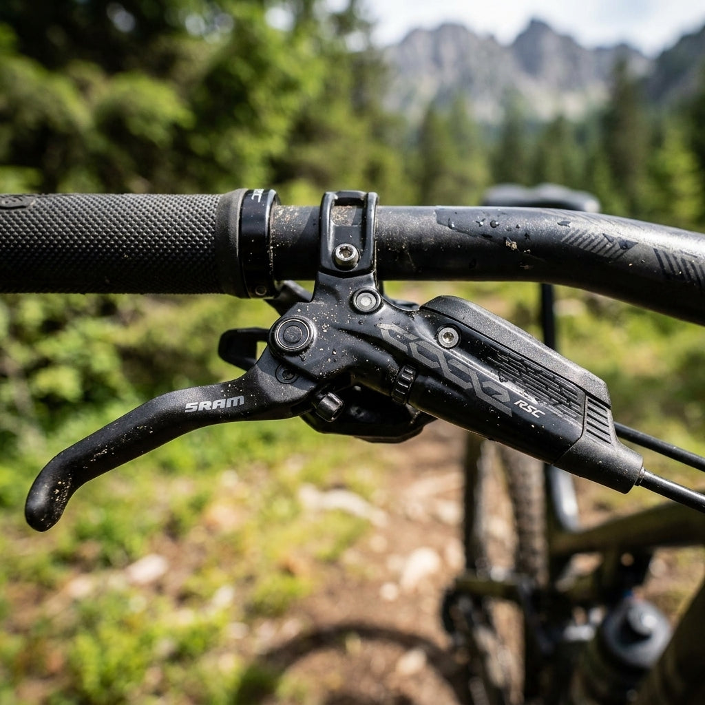 SRAM Code RSC Bremshebel schwarz an Mountainbike Lenker, Aluminium, vor Wald- und Bergkulisse.