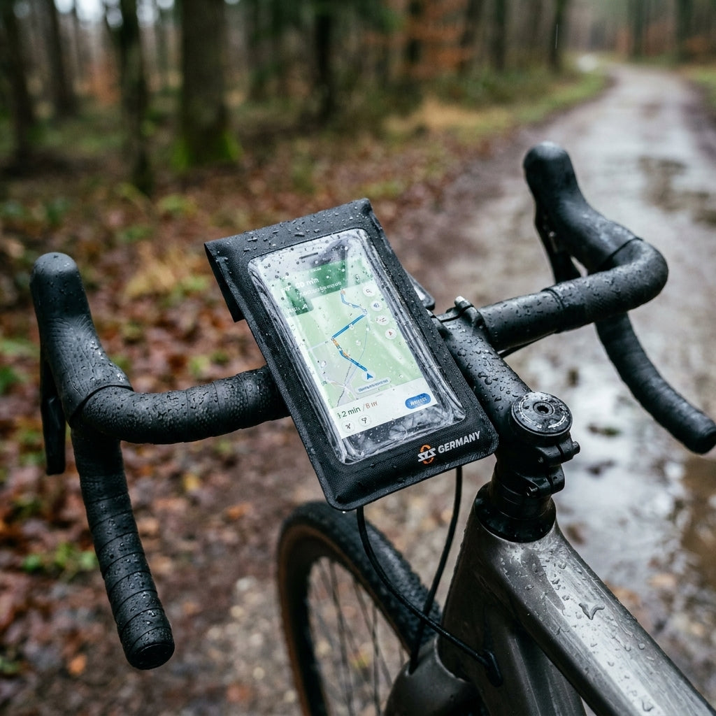 SKS SMARTBOY Ersatztasche groß wasserfest für Smartphone am nassen Fahrradlenker im Wald.
