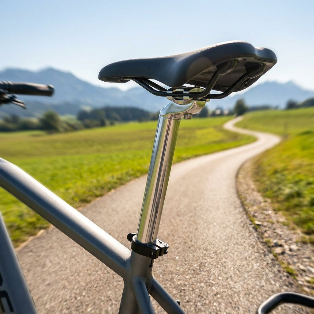 XLC Sattelstütze SP-R07 silber am Fahrrad mit schwarzem Sattel auf kurvigem Bergweg.
