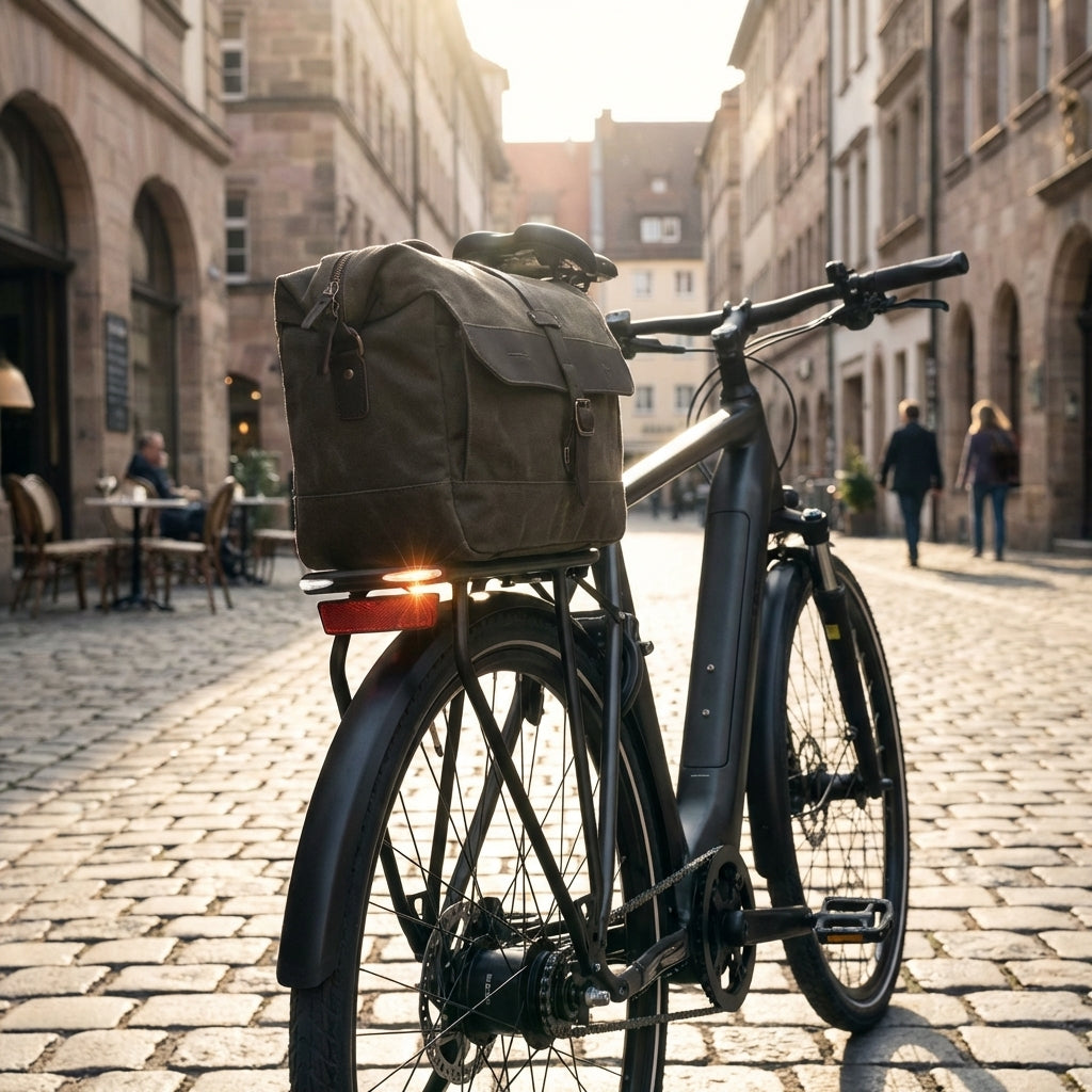 Racktime Gleam IT 2.0 Gepäckträger Snapit 2.0 schwarz am Fahrrad mit Tasche in sonniger Altstadt.