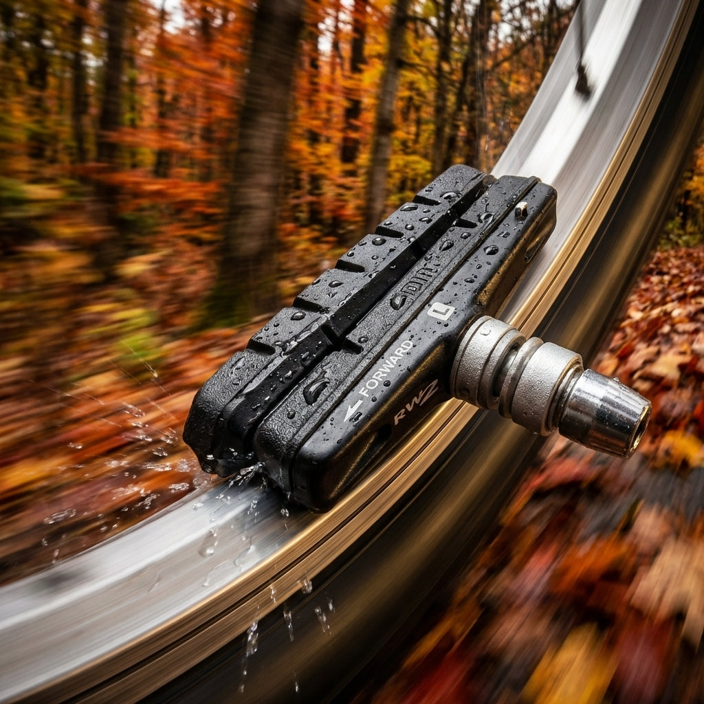 Avid Bremsgummi Wrangler 2 Standard, nass, bremst am Rad, spritzt Wasser im Herbstwald.