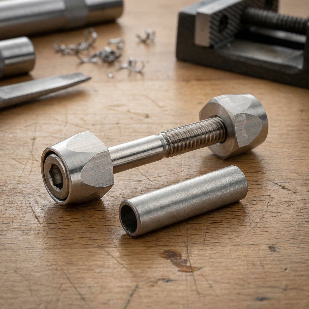 Fix Nippel Klemmschraube Sattelstütze M6x45mm, Innensechskant, Niro silber, mit Mutter u. Hülse auf Werkbank.