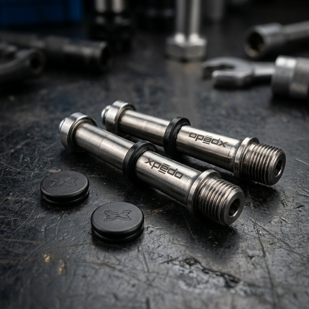Xpedo Rebuilt Kit für Road XRF-06T mit zwei Titanachsen und zwei Kappen für Fahrradpedale auf Werkbank.