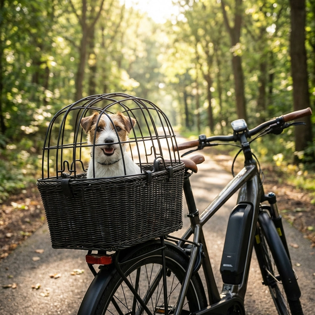 Basil Drahtgitter für HR-Tierkorb Buddy schwarz montiert auf einem Fahrradkorb mit kleinem Hund.