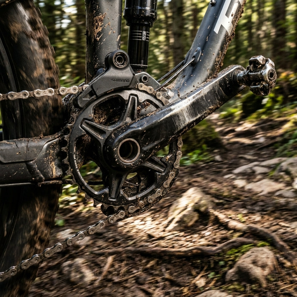 SHIMANO Kettenführung SM-CD800 E-TYPE an schlammigem Mountainbike-Antrieb mit Kette und Kurbel auf Trail.