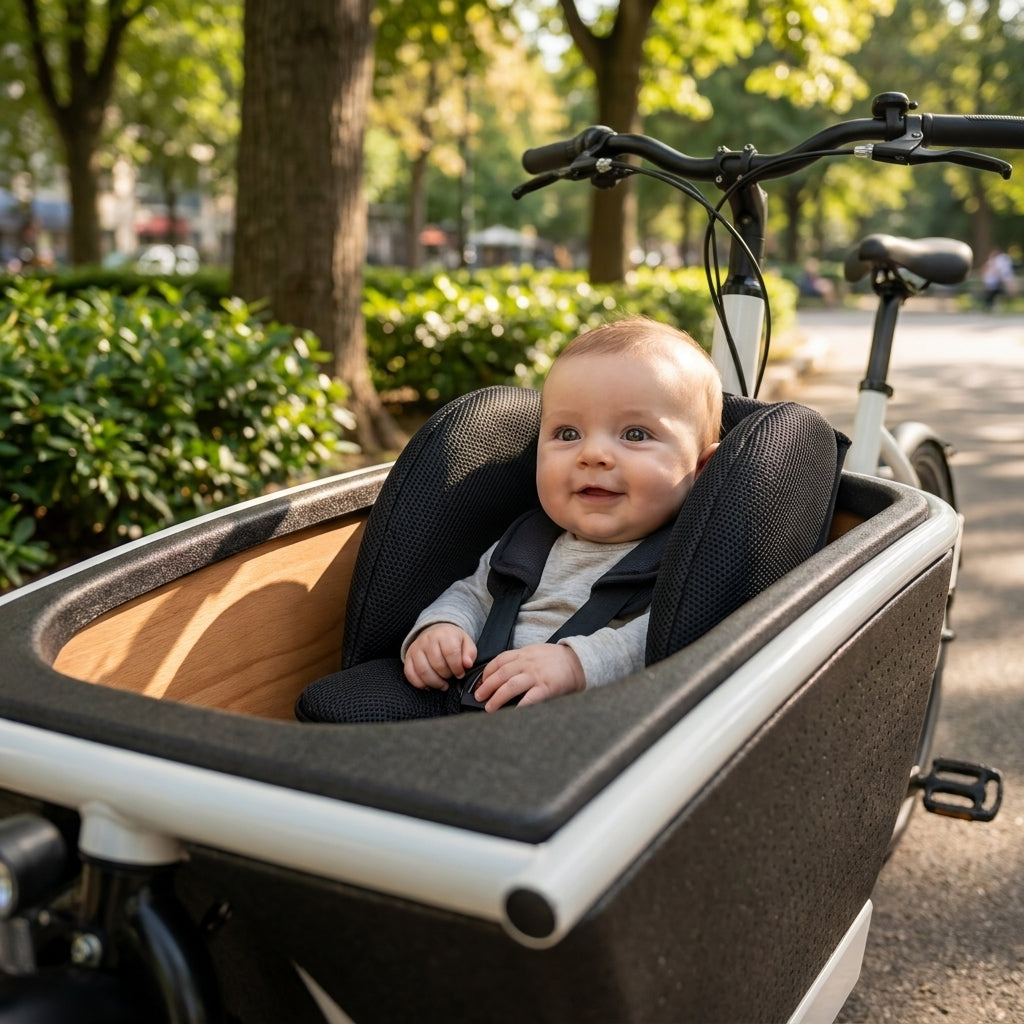 Melia Babyschale für Babysitz im Lastenrad. Körperstütze für Babys ab 2 Monaten, atmungsaktiv, sicher, komfortabel.