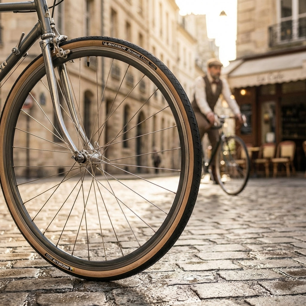 Michelin Dynamic Classic Drahtreifen schwarz/transparent am Vorderrad eines klassischen Fahrrads.