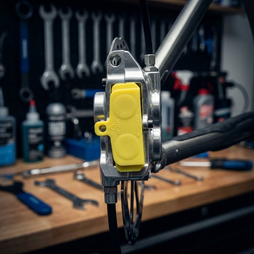 Gelber SHIMANO ENTLÜFTUNGS DISTANZHALTER BR-M (Größe M, ca. 8g) in Scheibenbremse auf Fahrradrahmen im Werkstatt.