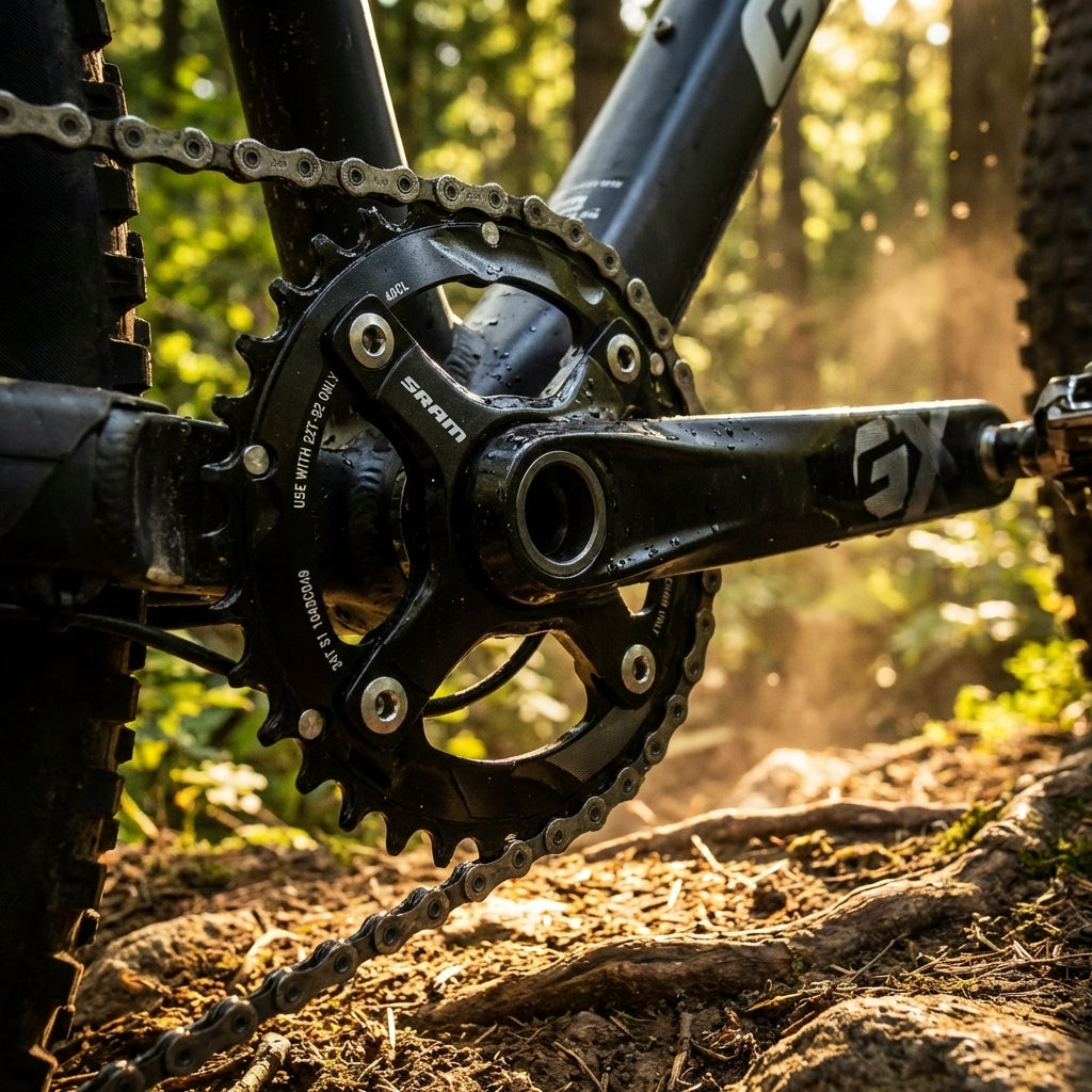 SRAM GX 34T Kettenblatt am Fahrrad-Antrieb im Wald, bereit für präzise Schaltperformance.