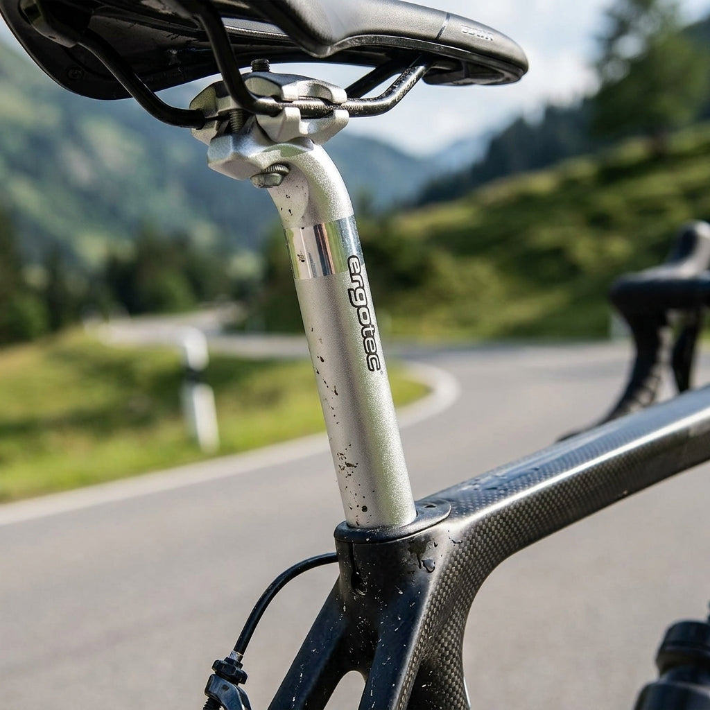 Ergotec Patentsattelstütze Hook silber Alu am Rennrad auf Bergstraße, mit Schriftzug "ergotec" sichtbar.