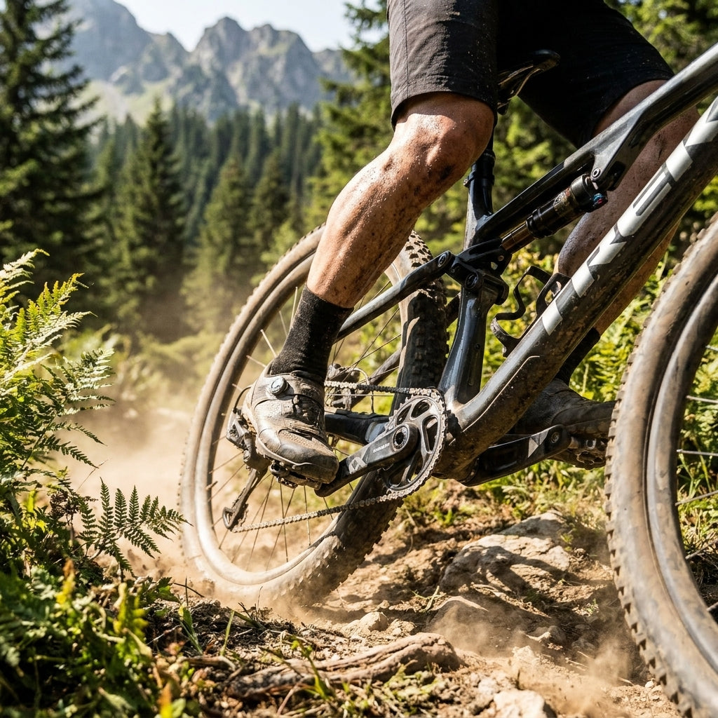 Leichte SRAM XX1 Eagle DUB 8-Bolt Kurbelarme 175 mm CL55 am Mountainbike im Einsatz auf staubigem Trail.