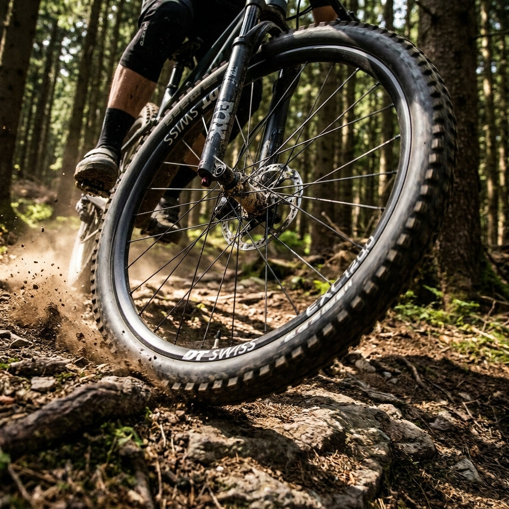 DT Swiss EXC 1200 Classic Enduro Laufrad in Aktion, Mountainbike im Wald, High-End Performance.