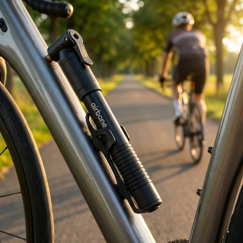 Airbone Minipumpe ZT-514 AV schwarz inkl. Halter am Fahrrad, Radfahrer auf sonnigem Weg.