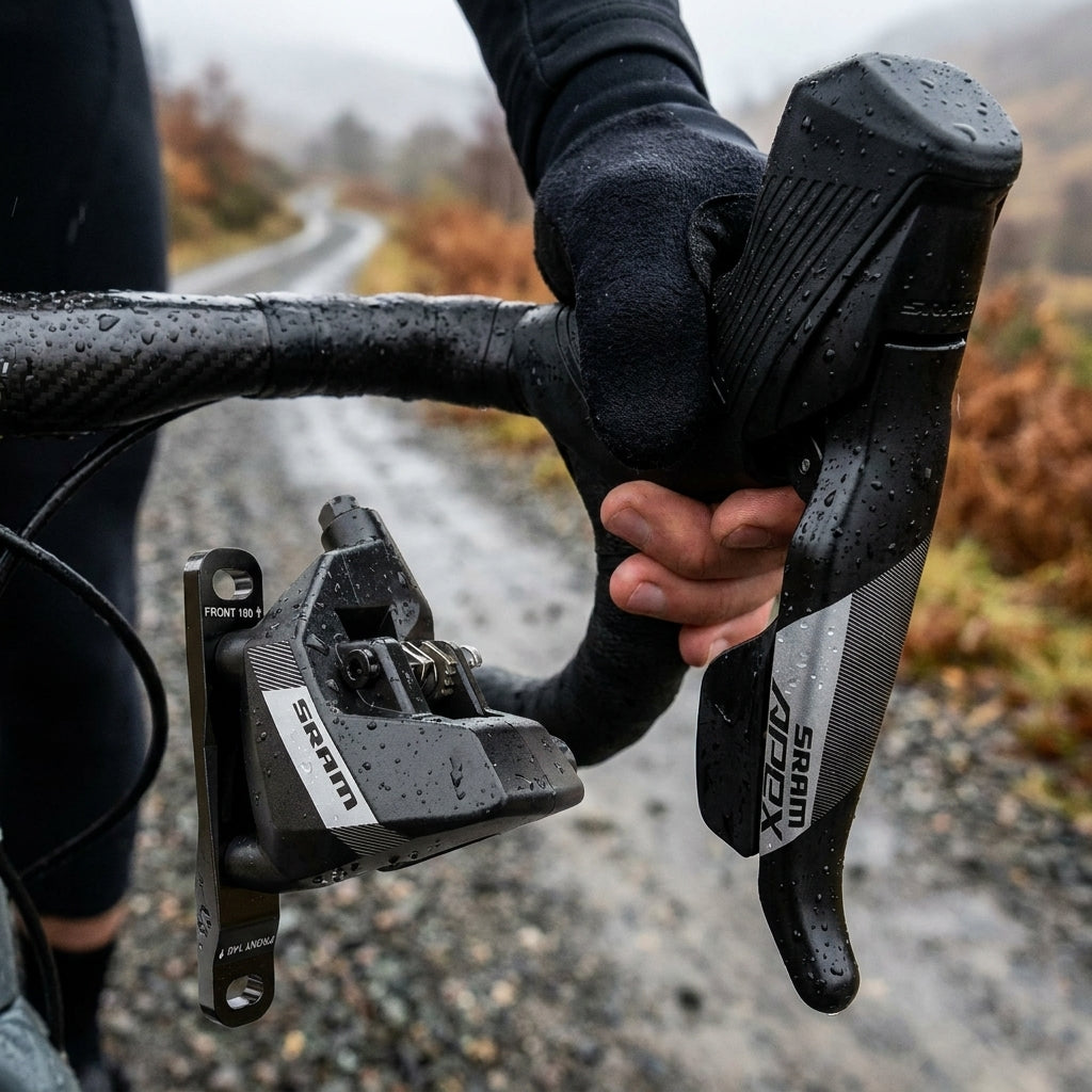 SRAM Apex 12-fach Flat Mount Scheibenbremse vorn am Fahrrad bei Nässe mit Hand am Hebel.