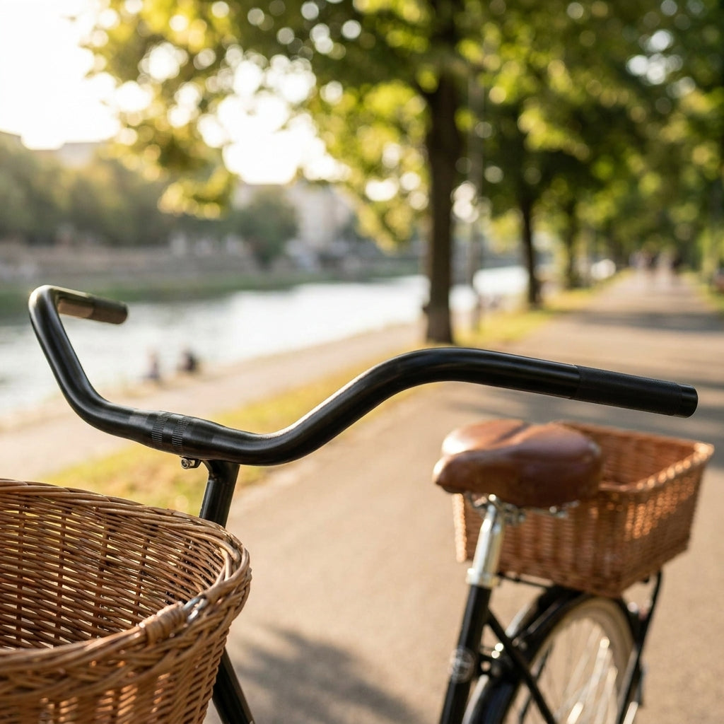 Schwarzer Ergotec Cruiser-Lenker 25,4 mm am Fahrrad mit Körben auf sonnigem Flussweg.