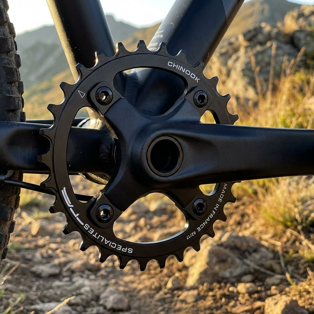 Schwarzes TA Chinook Kettenblatt am Mountainbike im Gelände.