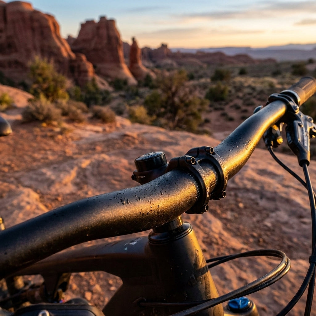Fahrradlenker Contec Moab schwarz mit Tautropfen im Morgenlicht vor Felsformationen.