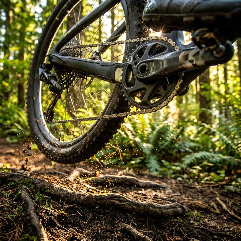 SRAM Kettenblatt X-Sync Eagle 30T Direct Mount am Mountainbike. Leiser, effizienter Antrieb auf Waldweg in Aktion.