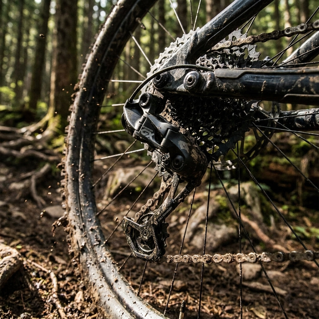 SRAM GX Eagle 12-fach Schaltwerk an schlammigem Mountainbike Hinterrad im Wald.