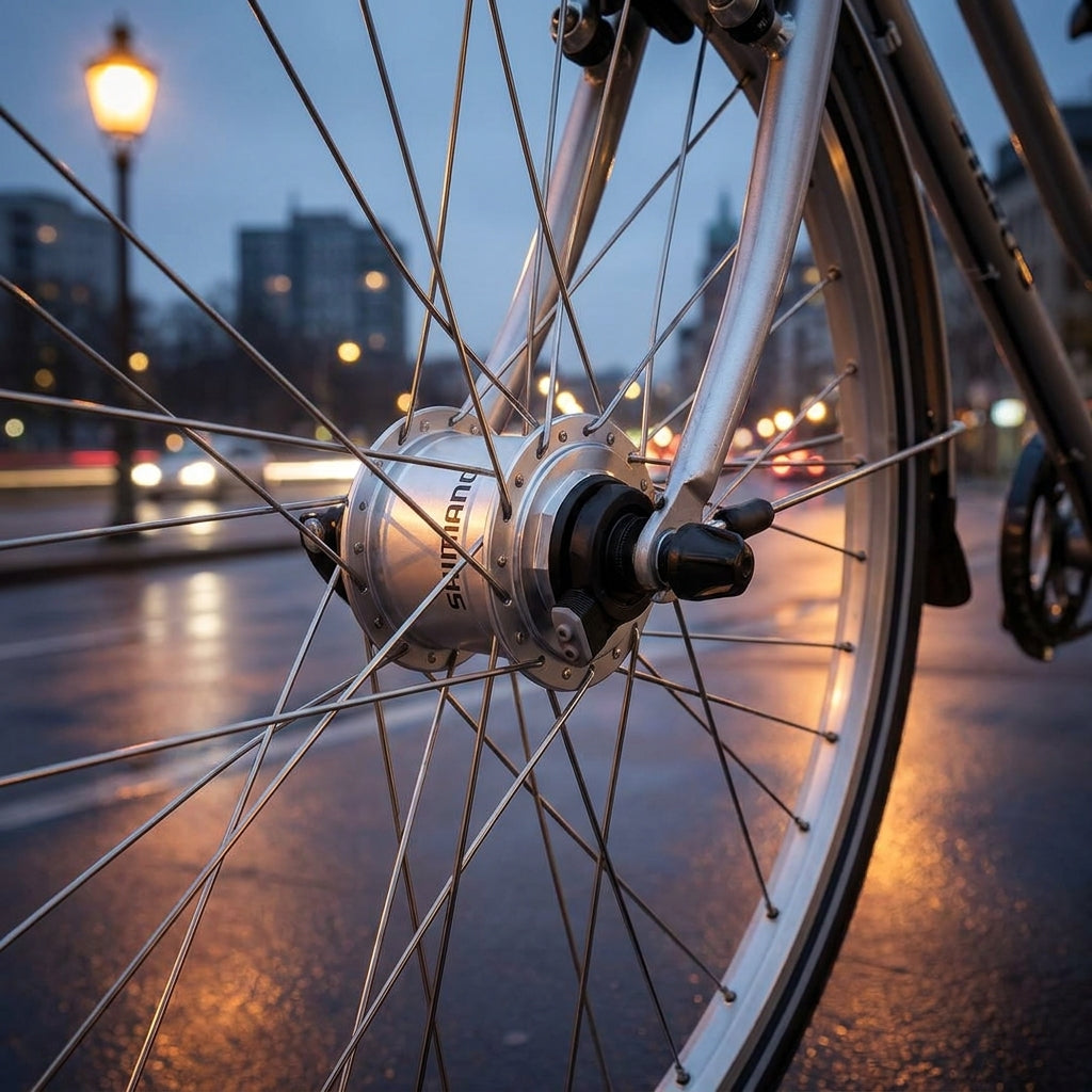 SHIMANO Nabendynamo ALIVIO DH-T4000-1N silber am Vorderrad eines Fahrrads auf nasser Straße bei Nacht.