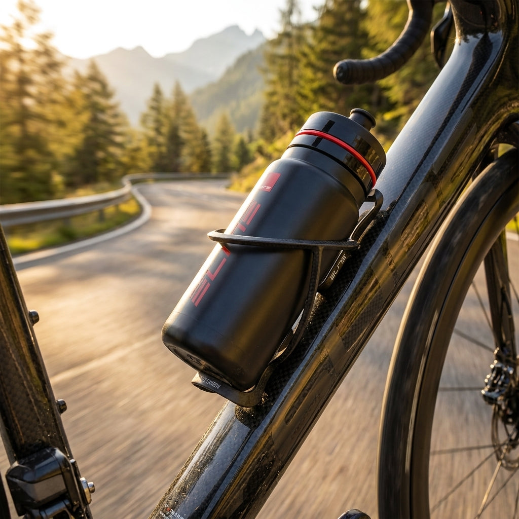 Schwarzer Elite T-Race Carbon Flaschenhalter mit Trinkflasche am Rennrad vor Berglandschaft.