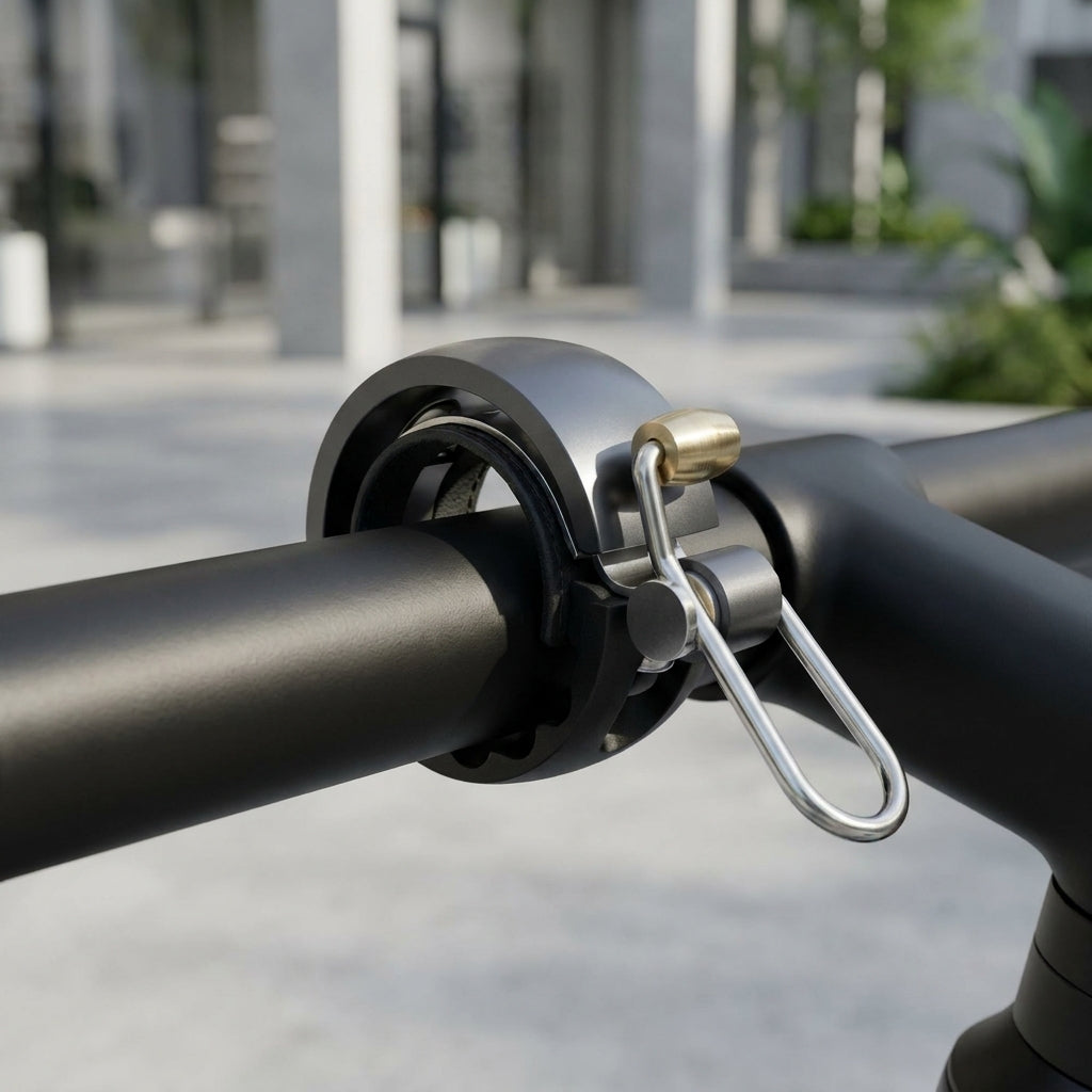 Knog Oi Luxe Fahrradklingel klein, schwarz-grau. Edle, ringförmige Design-Klingel für 22.2mm Lenker. Minimalistisch, hochwertig.