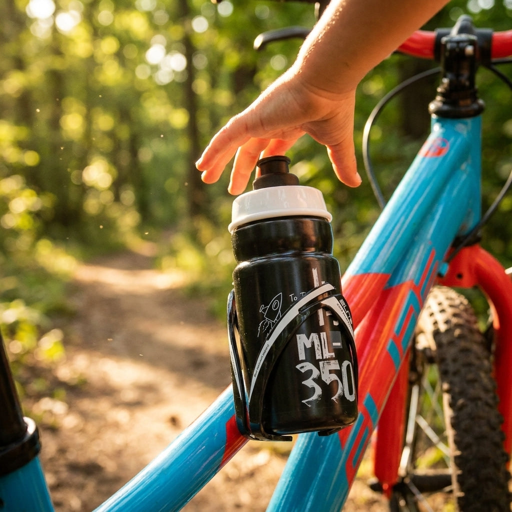 Kinderhand nimmt Elite JET 350ml Trinkflasche aus CEO Halter am Kinderfahrrad im Wald. Leicht, BPA-frei und bedienfreundlich.
