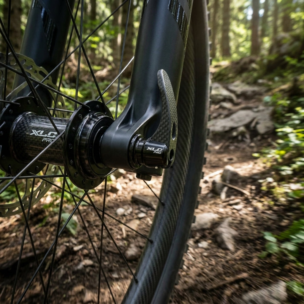 XLC Pro MTB Festachse QR-H01 am Carbon-Vorderrad eines Mountainbikes auf felsigem Waldpfad.