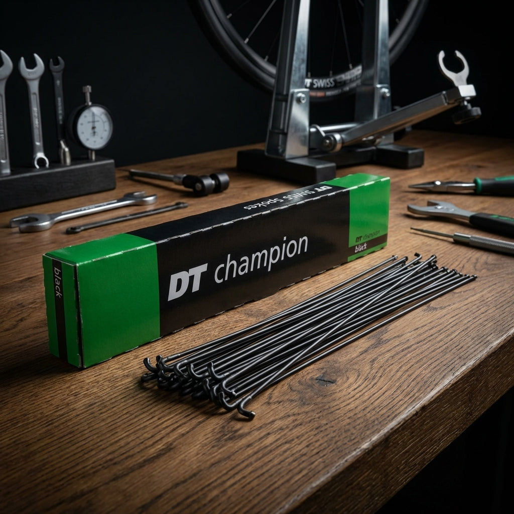 Schwarze DT Swiss Champion 2.0 Speichen 270mm für stabile Laufradbau-Projekte an MTB und Rennrad.