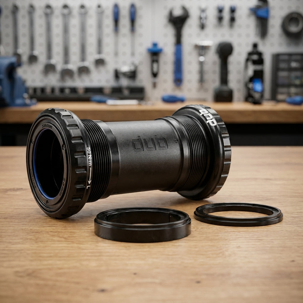 SRAM DUB BSA Wide 68mm Stahl Innenlager für stabilen Antrieb, auf Holztisch mit Spacern in einer Werkstatt.