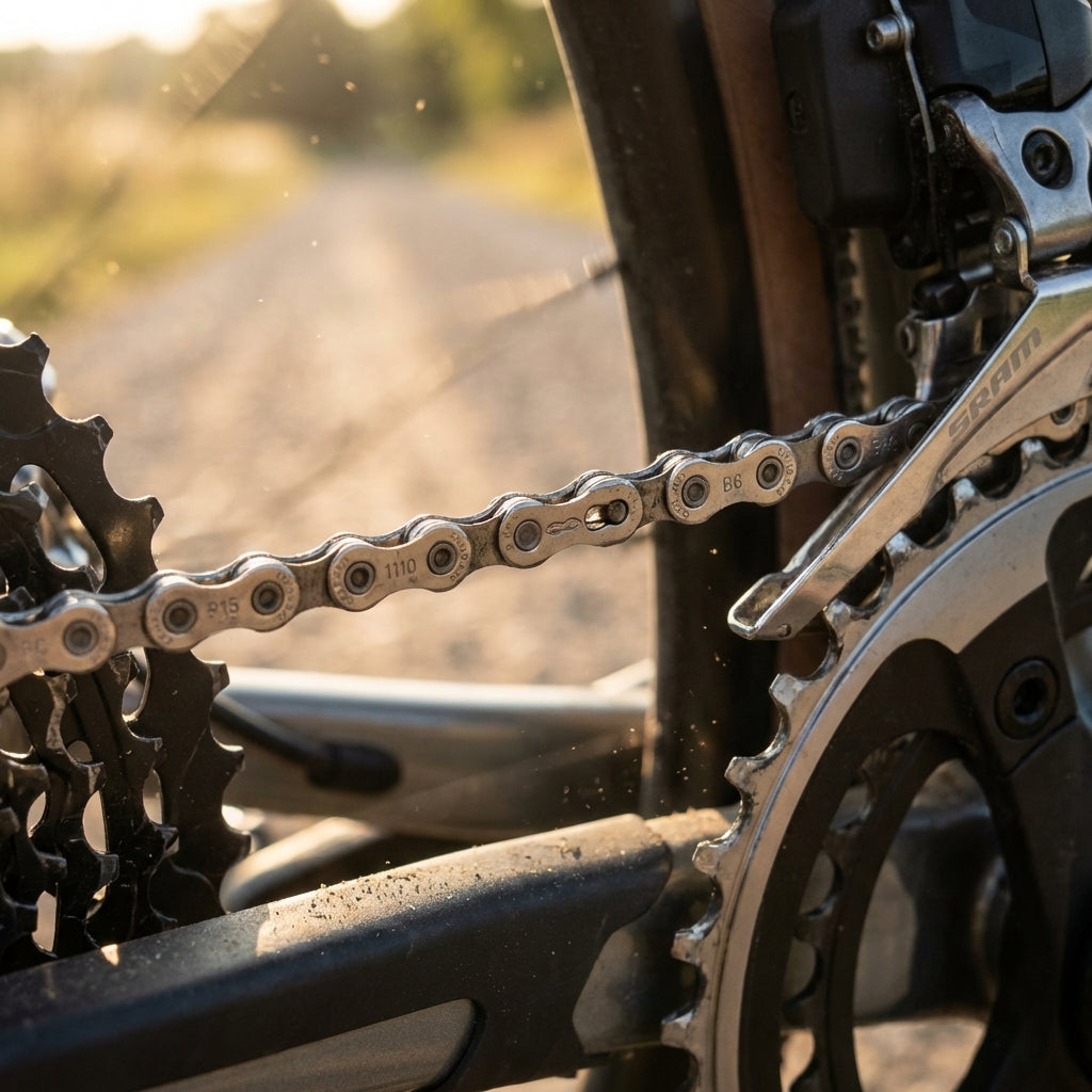 SRAM PC 1110 11-fach Kette mit PowerLock und SRAM Umwerfer am Fahrradantrieb auf staubigem Weg.