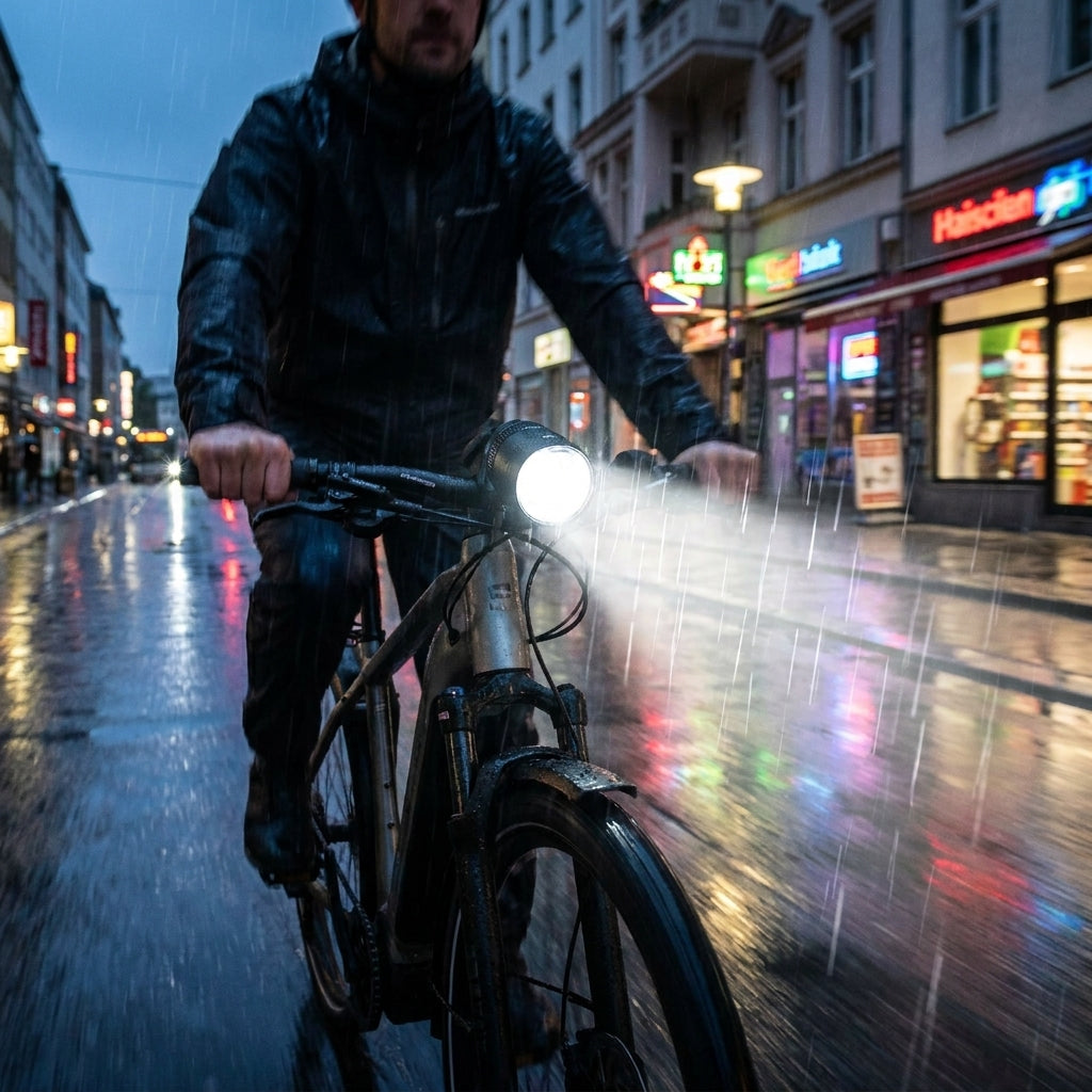 Busch&Müller Lumotec IQ-X ELED 150 Lux STVZO E-Bike Scheinwerfer leuchtet die nasse Straße bei Nacht aus.