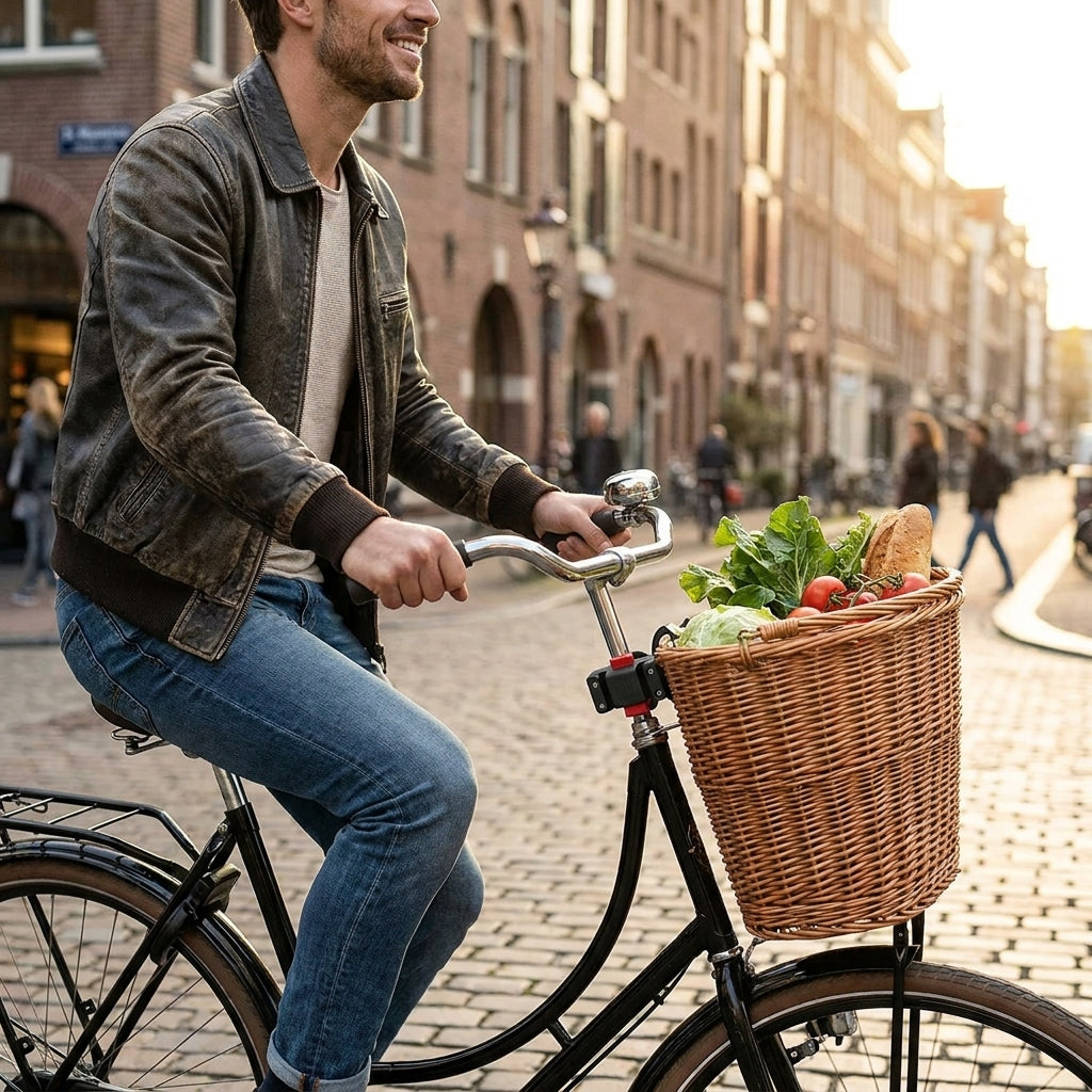 Klickfix Lenkeradapter Caddy schwarz befestigt Fahrradkorb mit Lebensmitteln am Lenker des Rades.