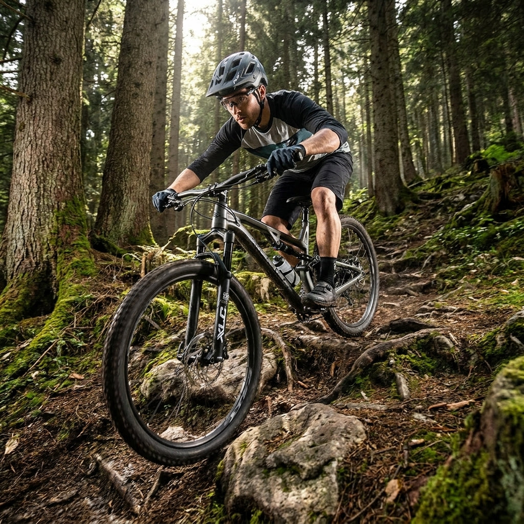 Mountainbiker fährt Trail auf einem Fully mit XLC SP-T05 All Mountain Teleskopsattelstütze.