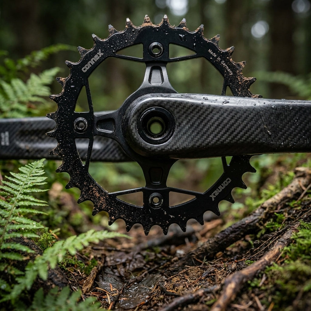 ConneX E-Bike Kettenblatt mit Carbon Kurbel, schlammig im Wald. Made in Germany.